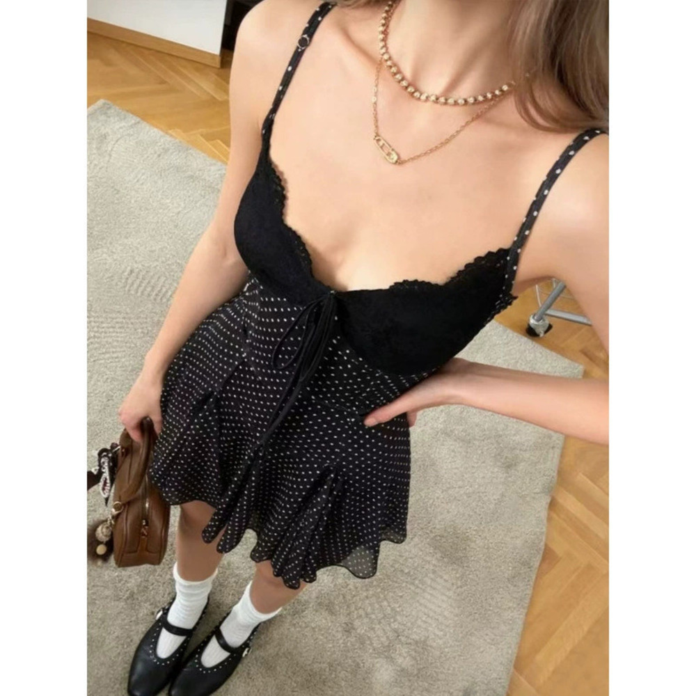 Zara Polka Dot Sheer Lace Trim Tie Halter Dress for Spring